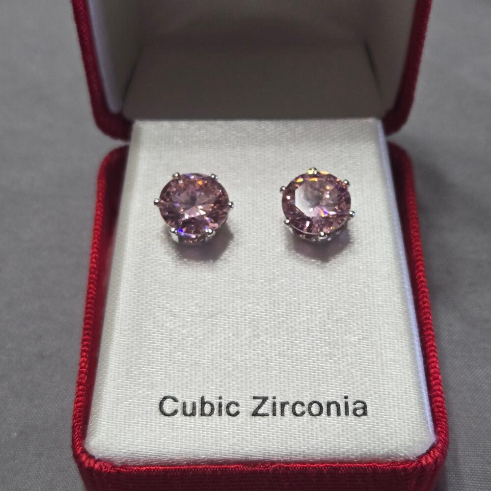 Sparkling Pink Cubic Zirconia Stud Earrings Round Cut Solitaire
